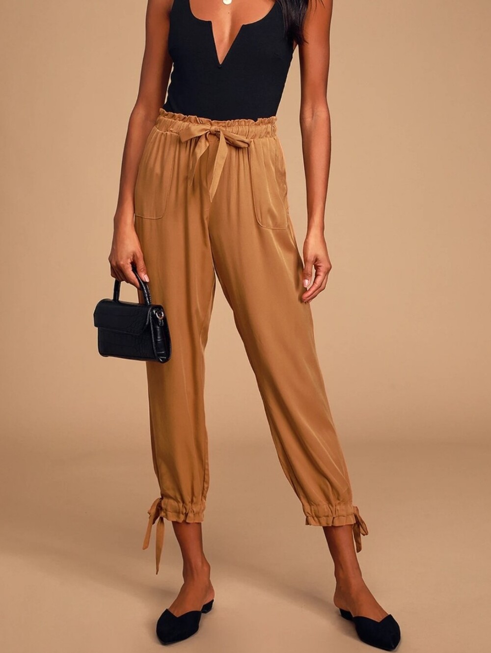 Lulus Chic Sebastian Camel Brown Pants. Women’s Size Small. Tie Waist. Tie Ankle